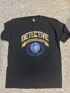 Hanes Black Short-Sleeve "Detective" Graphic Tee with Gold and Blue Emblem